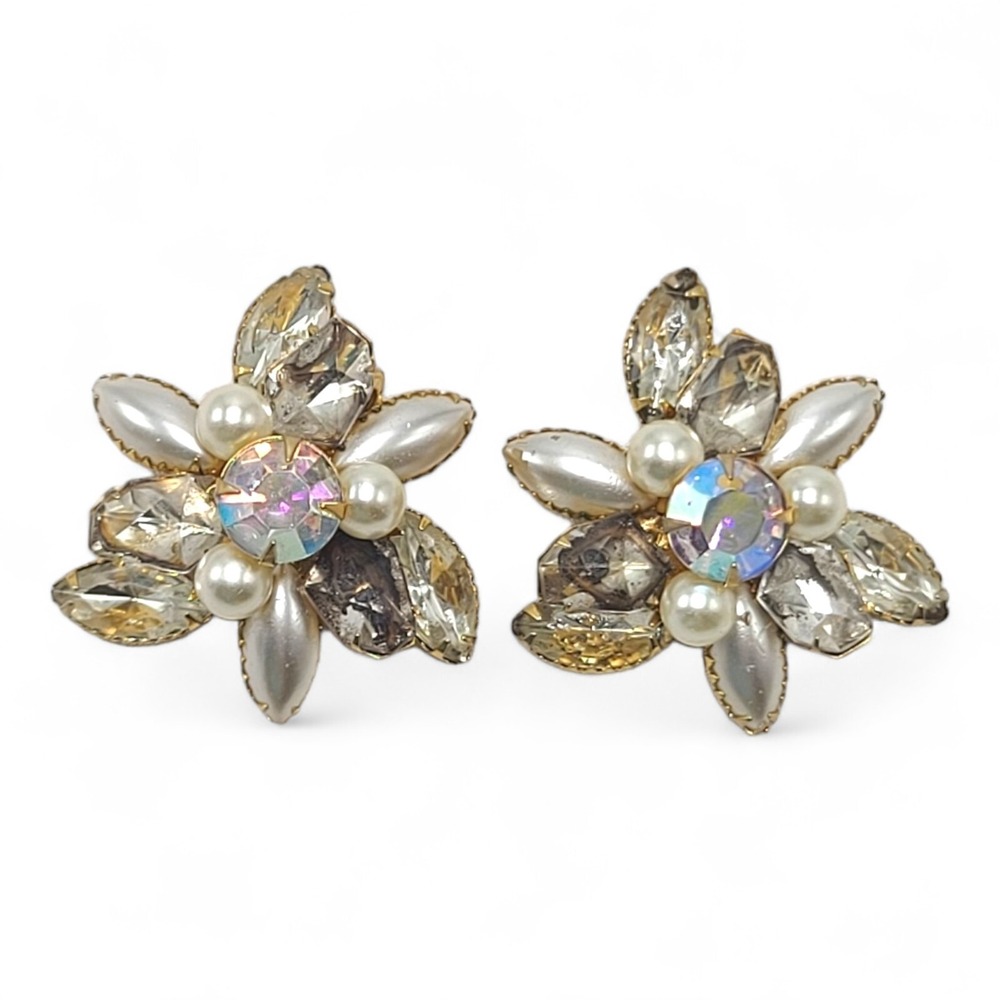 1950s Judy Lee Signed Earrings Aurora Borealis Pearl Rock Rhinestone Gold Tone